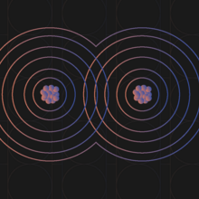 Diagram shows two atoms as sets of overlapping circles with nuclei in the centers. 