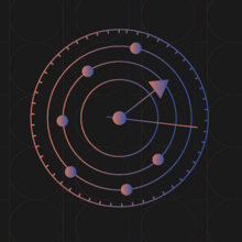 Diagram of an atom with circles inside circles also has the hour and minute hands of a clock. 