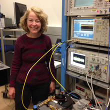 NIST engineer Kate Remley with her 94 gigahertz calibrated signal source for testing receivers and other devices.