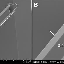 The scanning-electron image shows a potassium diphosphate (KDP) crystal at higher resolution with scale added.