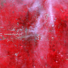 False-color satellite image showing the 22-mile track of the tornado that struck Joplin, Mo., on May 22, 2011.