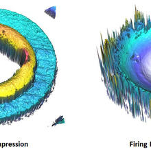 This image shows 3-dimensional topographic surface maps of the breech face and firing pin impressions left in the primer at the base of the cartridge case.