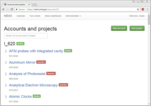 Screenshot of NEMO web application Accounts and Projects page