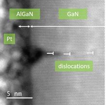 Dislocations formed to relieve stress when an AlGaN shell is grown around a GaN nanowire as revealed by  scanning transmission electron microscopy (STEM) annular dark field imaging.  Note that the dislocations form during AlGaN growth and penetrate into t