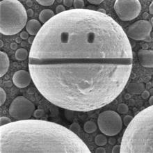micrograph of a grey ball into which eyes and a straight mouth.