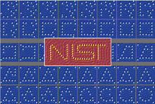 From left to right, each figure shows the configuration after each atom move. Image size 15 nm &#215; 15 nm.  Center: Perfect assembly of the NIST logo after four steps of automated assembly. Image size 40 nm &#215; 17 nm.  