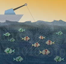 illustration with boat on water. Under the water there are fish. Some have green checkmarks and some have red question marks. All but one of the red question mark fish are caught in a net