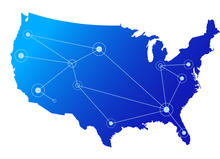 U.S. map with lines connecting to circles, symbolizing a network of communities.