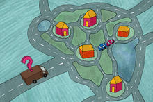 a delivery truck with a question mark hovering over it sits parked near a group of houses as the driver tries to figure out the optimal route to make deliveries. There are a pair of crashed cars near the center of the graphic to illustrate that optimization problems like this are hard to solve. 