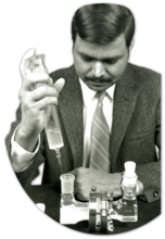 Photo of Dr. Patel preparing diffusion cell in study of tooth decay, 1973.