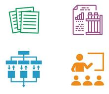 icons of documents, research, process map and a person giving a presentation