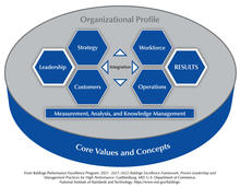 The Baldrige Criteria for Performance Excellence Overview consists of the six categories (Organizational Profile, Leadership, Strategy, Customers, Measurement, Analysis, and Knowledge Management, Workforce, Operations, and Results).