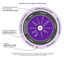 The Baldrige Criteria are built on the following set of interrelated core values and concepts. These beliefs and behaviors are embedded in high-performing organizations. They are a Systems Perspective, Visionary Leadership, Customer- (or Patient-, or Student-) Focused Excellence, Valuing, People, Agility and Resilience, Organizational Learning, Focus on Success and Innovation, Management by Fact , Societal Contributions , Ethics and Transparency, and Delivering Value and Results.