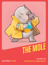 Cartoon mole with a molecule. Wearing yellow raincoat and a belt. Holding a beaker and flask.