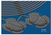 Scanning electron micrograph of two aluminum drums suspended above a sapphire substrate