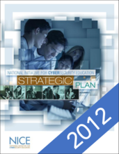 2012 NICE Strategic Plan Cover Image with a white background with light and dark blue staggered boxes in a graphical design. Stock photos of people working together are arranged in a collage in the center of the page.The image has a blue banner in the lower right corner to indicate the year 2012. 