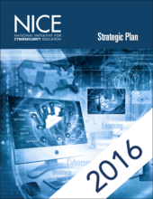 2016 NICE Strategic Plan Cover Image with a dark blue background and images of computers, technology, and the US. The image has a white banner in the lower right corner to indicate the year 2016. 