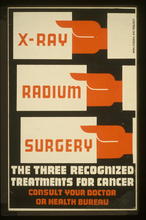 X-Ray Radium Surgery Federal Public Health Poster, circa 1930. Text: The three recognized treatments for cancer. Consult you doctor of health bureau.