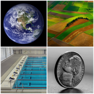 Collage of space view of earth, areal view of farmland, swimming pool, and close-up view of a nickel