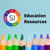 SI logo and  text "Education Resources" over a row of sharpened colored pencils,