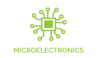Icon of an electrode with the phrase "Microelectronics" below