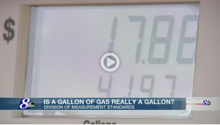 The screen of a gas pump with text below: "is a gallon of gas really a gallon?"