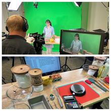 Photo collage of Tanna Nguyen performing in the NIST Metric Kitchen Banana Bread video. Pictured top is Tanna in front of the camera with Rich behind the camera. Pictured bottom is the counter in front of Tanna with her supplies for the video. 