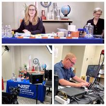 Photo collage of Elizabeth and Tina sitting at the presenters table (pictured top), Tina getting ready behind the table and camera setup (pictured bottom left), and Rich getting the technology setup (pictured bottom right).