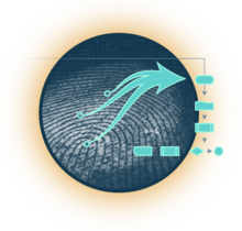 A circle with a dark blueish gray fingerprint and fluid arrows coming off of individual points within the swirls pointing to boxes of a process map