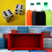 Dice, Beverage Bottles, Shipping Container collage
