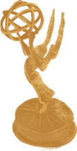 Hand-drawn gold statue of winged figure holding up an open sphere.