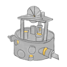 Hand-drawn image of a scientific instrument with a cylindrical base and a structure rising out of it.