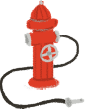 Hand-drawn red fire hydrant with black hose trailing out of it.