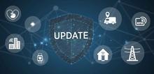 Shield labeled "Update" is surrounded by icons for Internet of Things applications like fitness trackers and smart home systems.