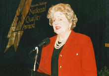 Letitia Baldrige speaking at a Baldrige Award event.