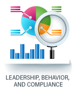 Leadership, Behavior, and Compliance Icon showing bar graphs with a magnifying glass.