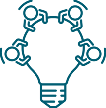 A line drawing of people sitting at a table in the shape of a light bulb