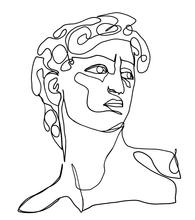 A line drawing of a woman's head styled like a classical carved bust