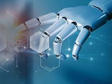 Robotic hand touching virtual computer dashboard with icons