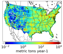 Map of the United States showing a red dot for every city and larger red dots in the major cities indicating more than 10E4 metric tons of Nitric oxide ⁠(NO) and Nitrogen dioxide (NO2) (NOX) per year with the mid- to eastern shore showing the most. The background indicates that for these tailgate emissions there is very few in areas where there are no major roadways.