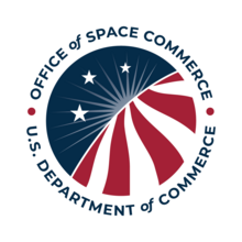 Logo of the Office of Space Commerce, U.S. Department of Commerce, featuring a stylized globe with orbital paths and stars, alongside the agency name in bold lettering, conveying space activity and global commerce.