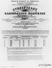 Certificate given to Marie Curie for 1 gram of radium