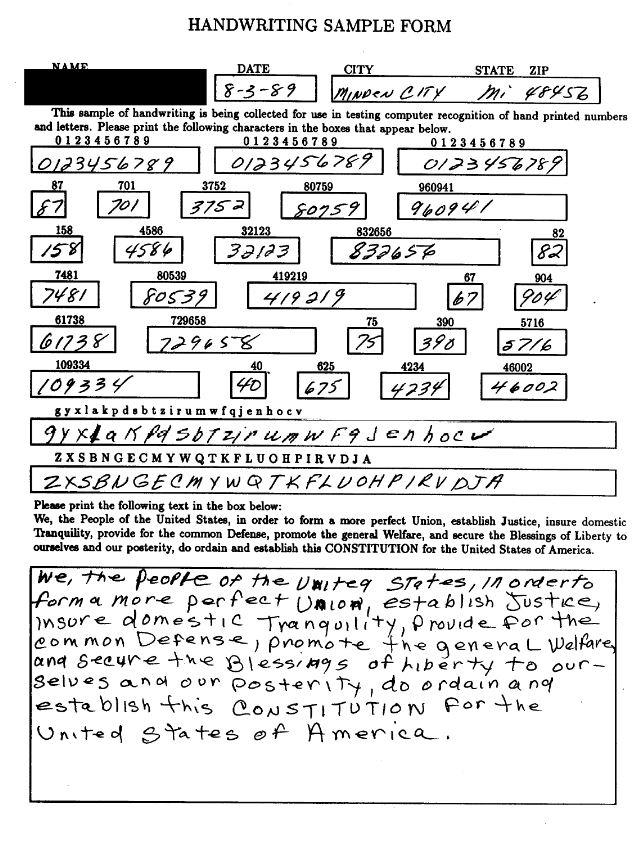 NIST form to collect handwritten character data
