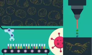 Illustration of a field of cells, a biomanufacturing assembly line, a flow cytometry device and a handshake.