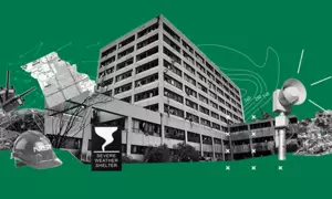A collage of a hospital, wreckage, maps and other items on green background.