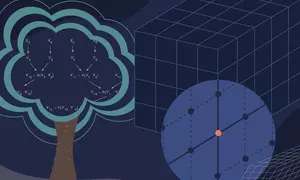 Illustration in blue tones shows a tree on the left with algorithms and lattice images on right. 