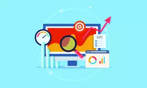 Flat design concept of KPI analytics, analyzing data on computer screen, Marketing KPI - vector illustration with icons