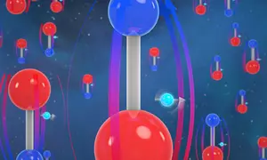 Illustrated molecules, represented by red spheres and blue spheres connected by a white cylinder, fill a dark blue field. Alongside the molecules are electrons, represented by light blue spheres with directional arrows pointing through them.