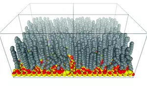 Space filling models of bent and straight alkyl chains tethered to silica that represent disordered and ordered models.