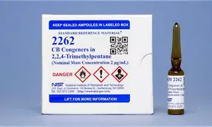 Photograph of a unit of SRM 2262 consisting of a labeled box and a labeled amber vial.